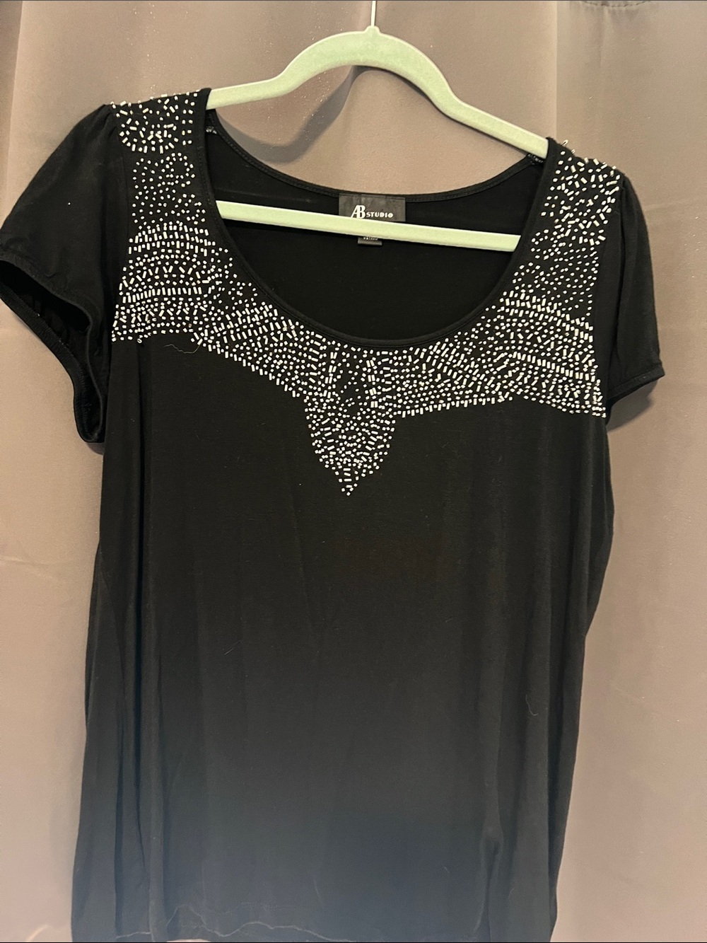 AB Studio Black Short Sleeve Scoop Neck Top with Silver Beaded Yoke